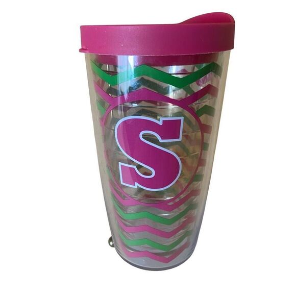 Tervis Tumbler Pink and Green Chevron with Pink Tervis Lid Monogrammed “S” 16oz - Picture 1 of 9